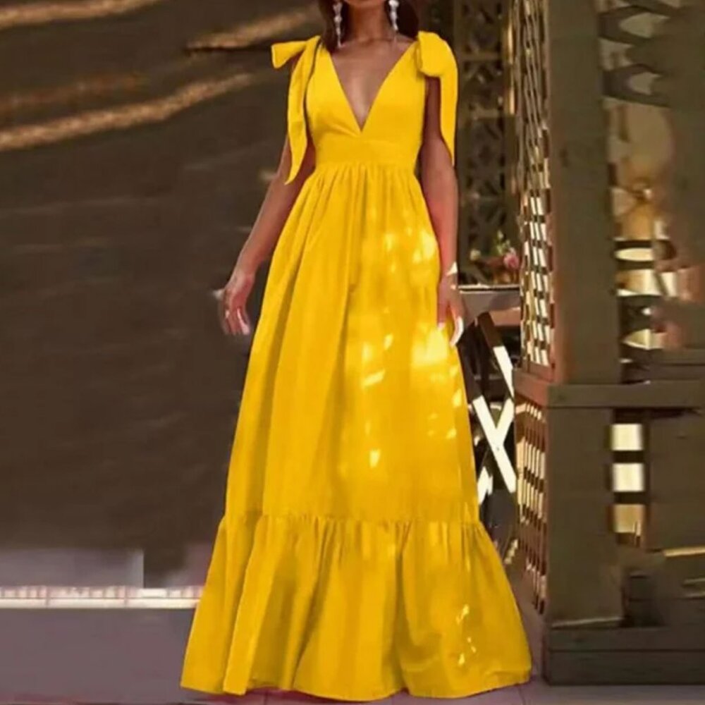 AKOEE Long Dress Summer Cute Tie Shoulder Sleeveless V Neck Floral Solid Maxi